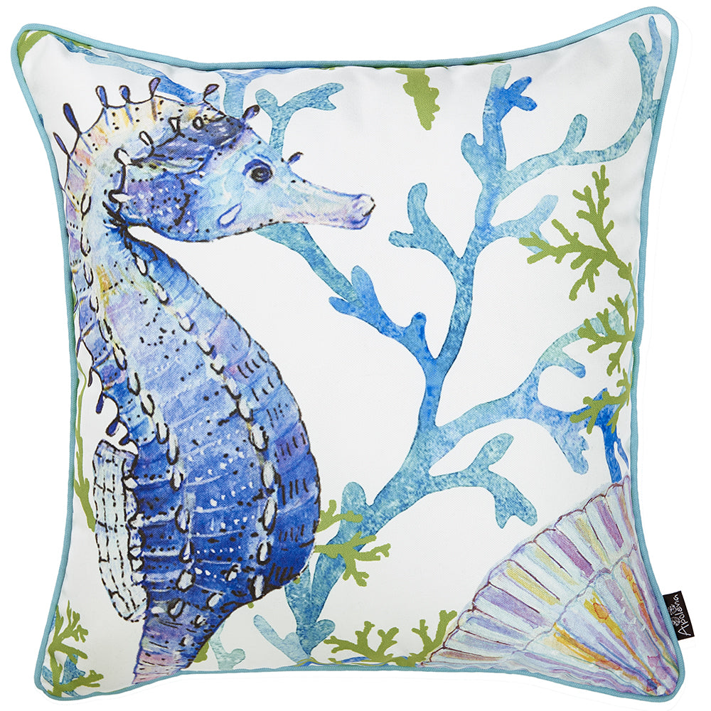 18 White Blue And Green Seahorse Decorative Throw Pillow Cover