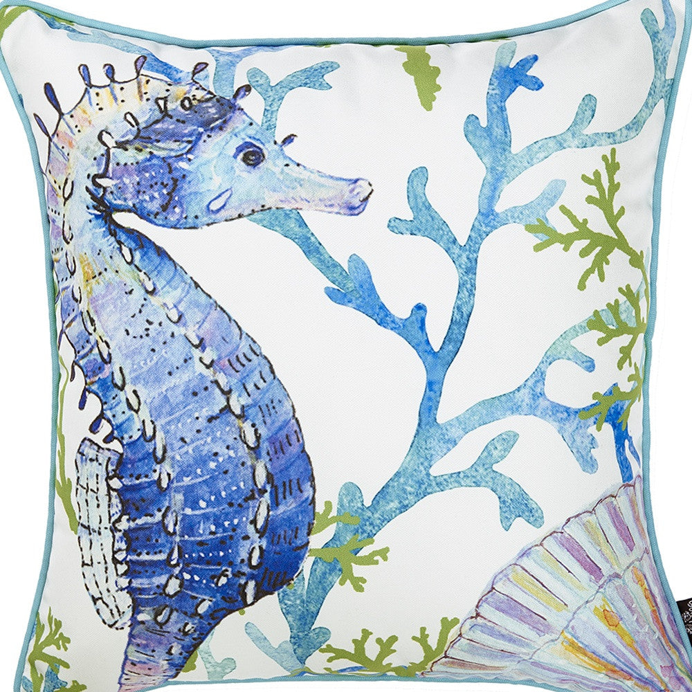 18 White Blue And Green Seahorse Decorative Throw Pillow Cover