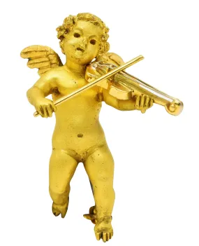 1960's Vintage 18 Karat Yellow Gold Cherub Violin Pendant Brooch