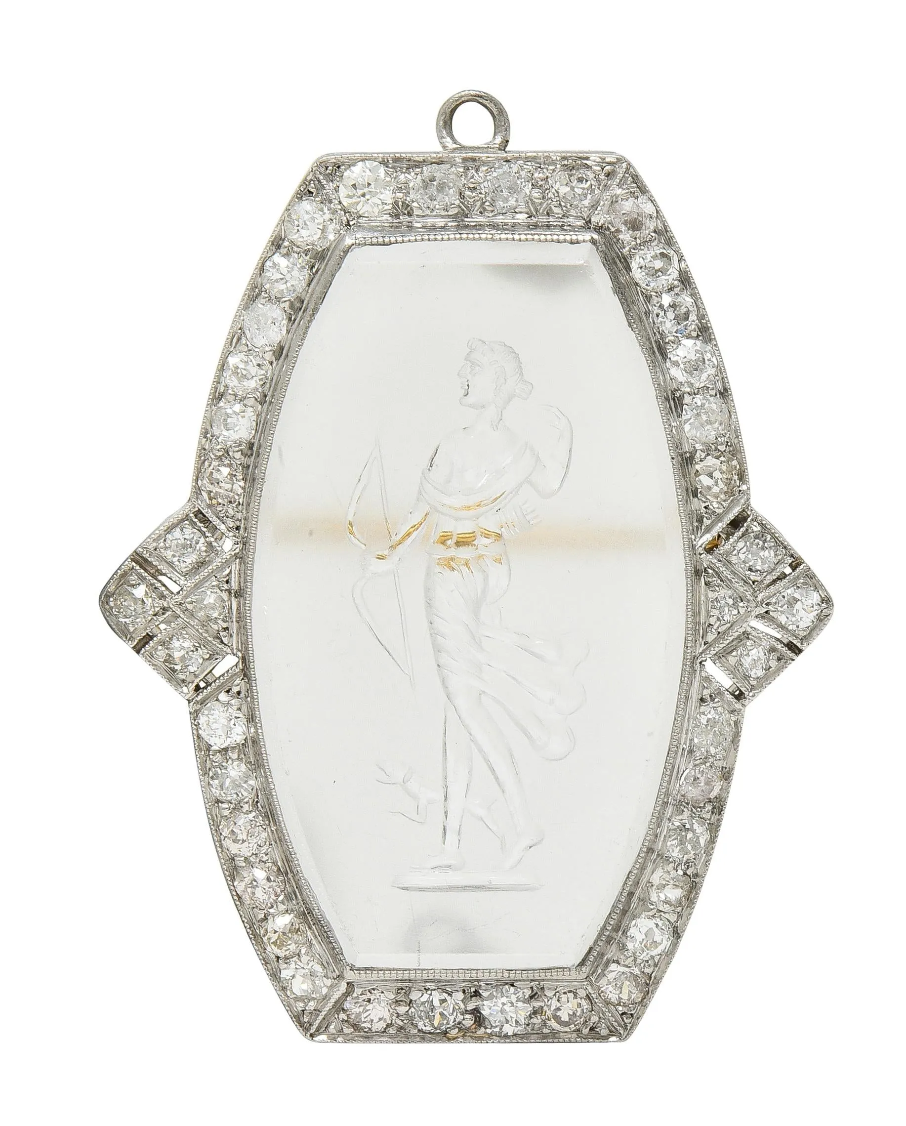 Art Deco 2.12 CTW Diamond Carved Rock Crystal Platinum Greek Goddess Artemis Vintage Brooch