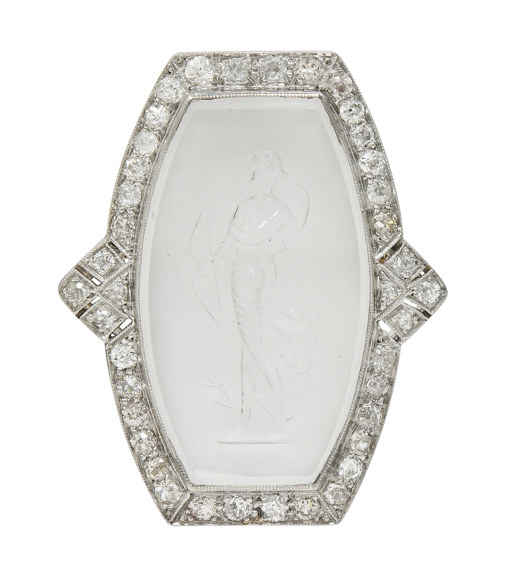 Art Deco 2.12 CTW Diamond Carved Rock Crystal Platinum Greek Goddess Artemis Vintage Brooch