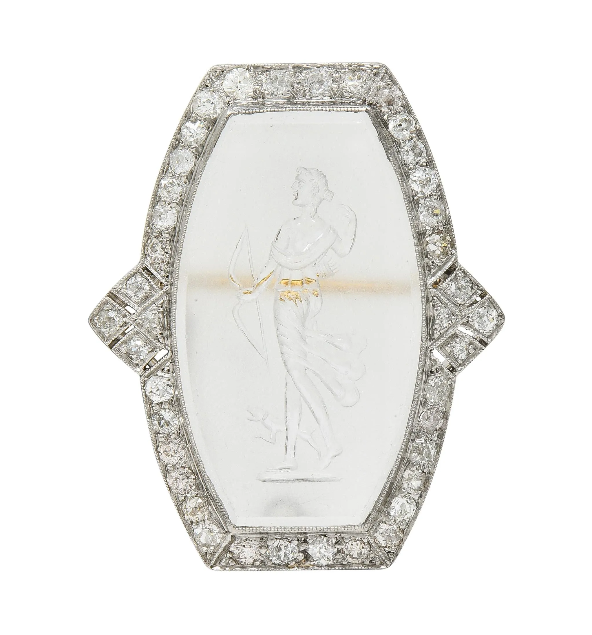 Art Deco 2.12 CTW Diamond Carved Rock Crystal Platinum Greek Goddess Artemis Vintage Brooch