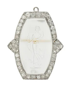 Art Deco 2.12 CTW Diamond Carved Rock Crystal Platinum Greek Goddess Artemis Vintage Brooch