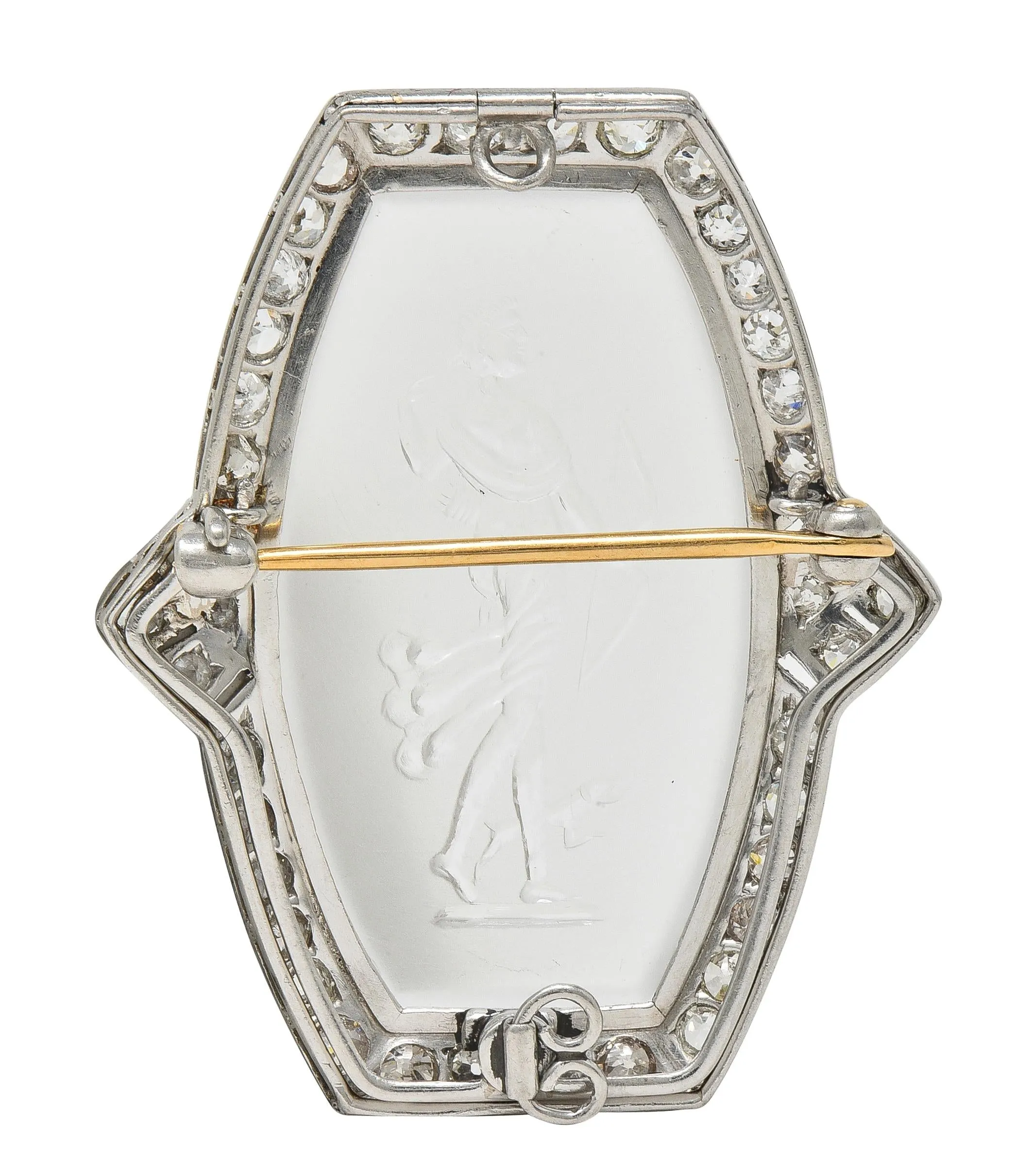 Art Deco 2.12 CTW Diamond Carved Rock Crystal Platinum Greek Goddess Artemis Vintage Brooch