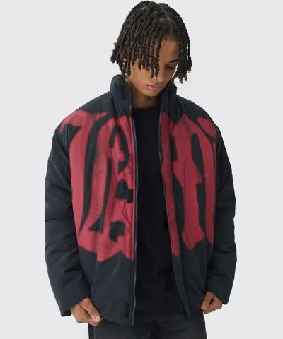 boohoo Mens Oversized Spray M Print Funnel Neck Puffer Jacket