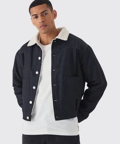 boohoo Mens Relaxed Cropped Borg Lined Aviator Jean Jacket