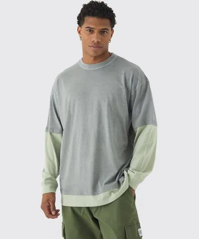 boohooMAN Mens Oversized Faux Long Sleeve Acid Wash T-Shirt