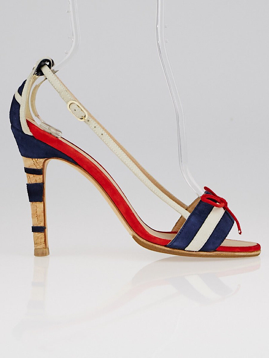 Chanel 08C, 2008 Cruise suede red white blue cork sandal strap Heels EU 37 US 6.5/7