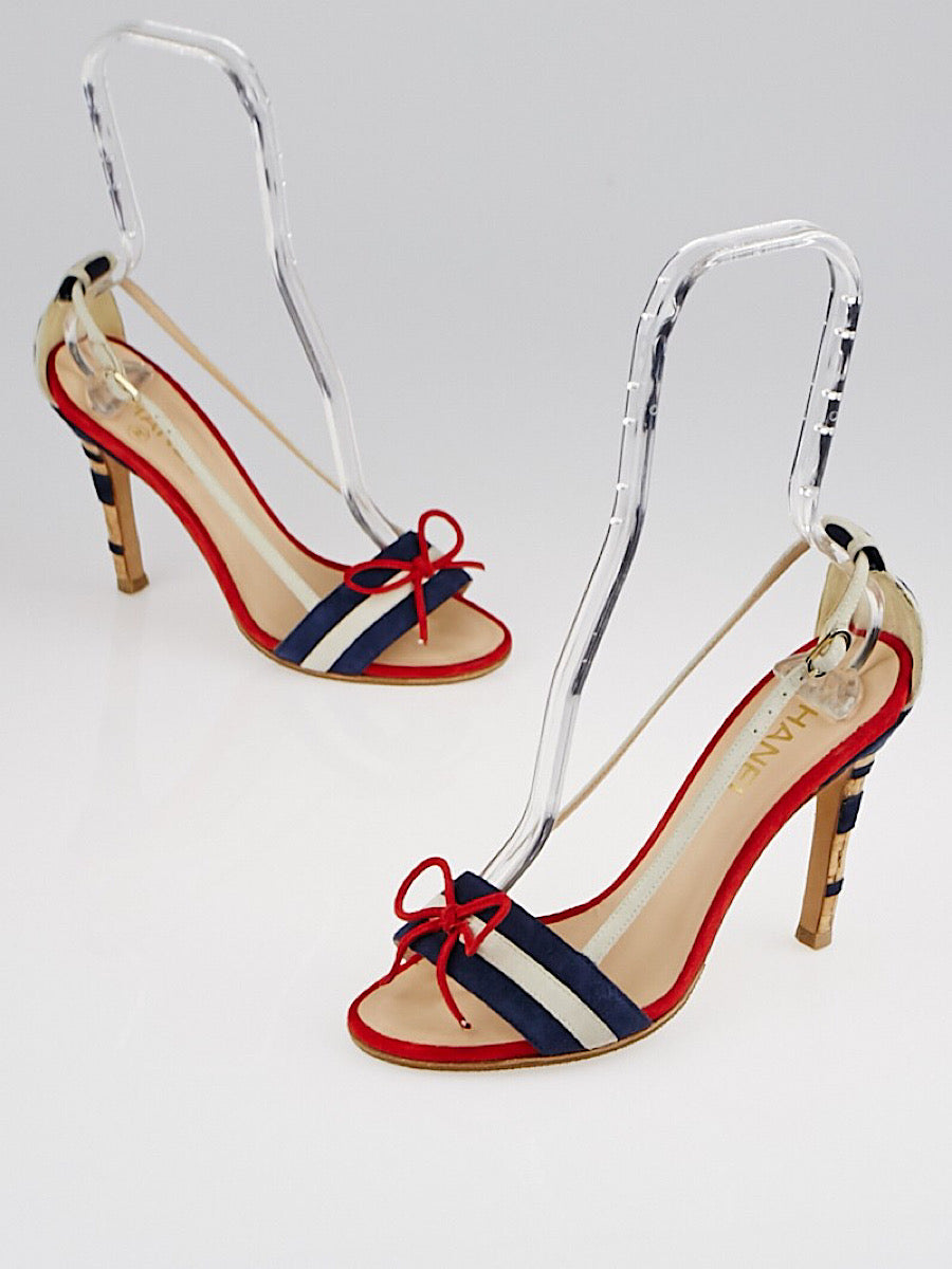 Chanel 08C, 2008 Cruise suede red white blue cork sandal strap Heels EU 37 US 6.5/7