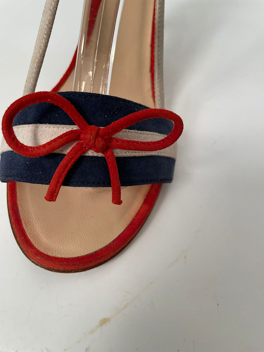 Chanel 08C, 2008 Cruise suede red white blue cork sandal strap Heels EU 37 US 6.5/7