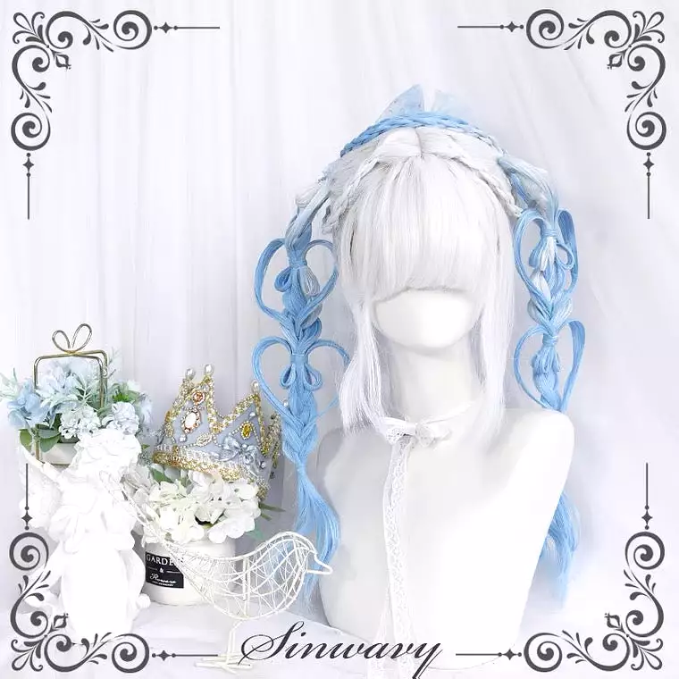 Fairy white blue gradient long curly wig BY6092