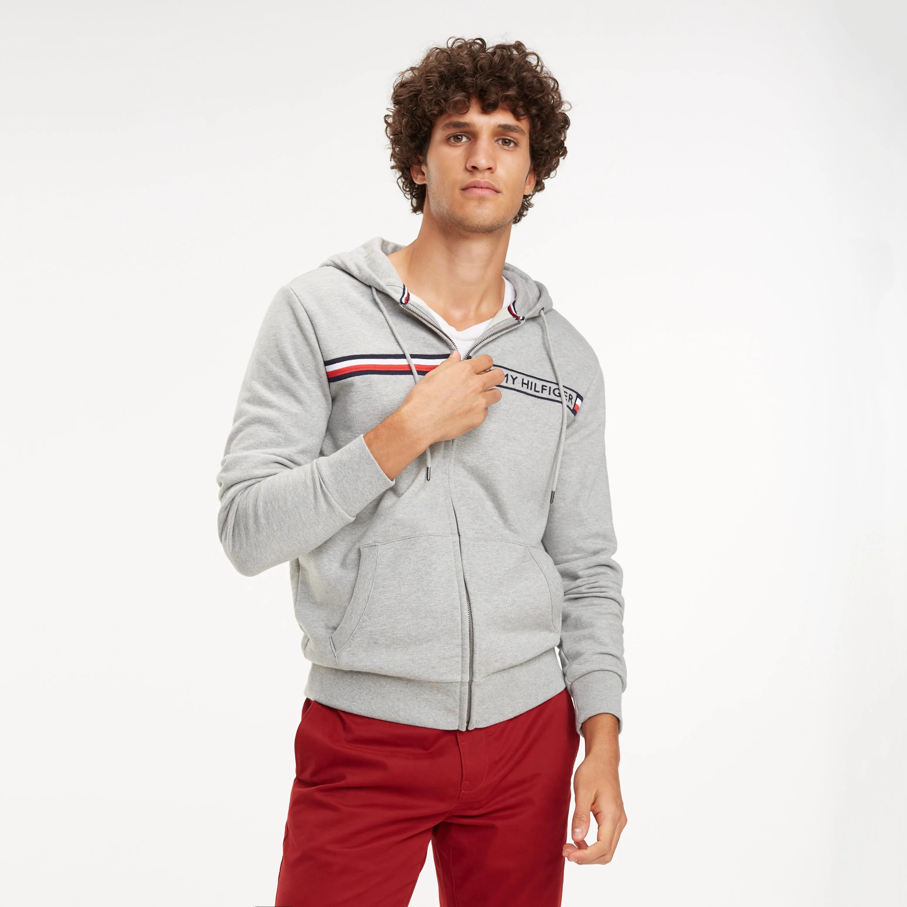 Grey Signature Tape Zip-Thru Hoody | Heavyweight Knits | Tommy Hilfiger