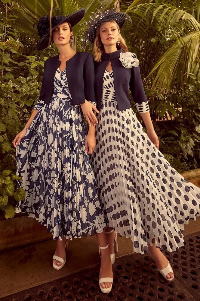 Invitations by Veni Chiffon Spot Print Dress & Jacket - Navy/Ivory Spot - 36047