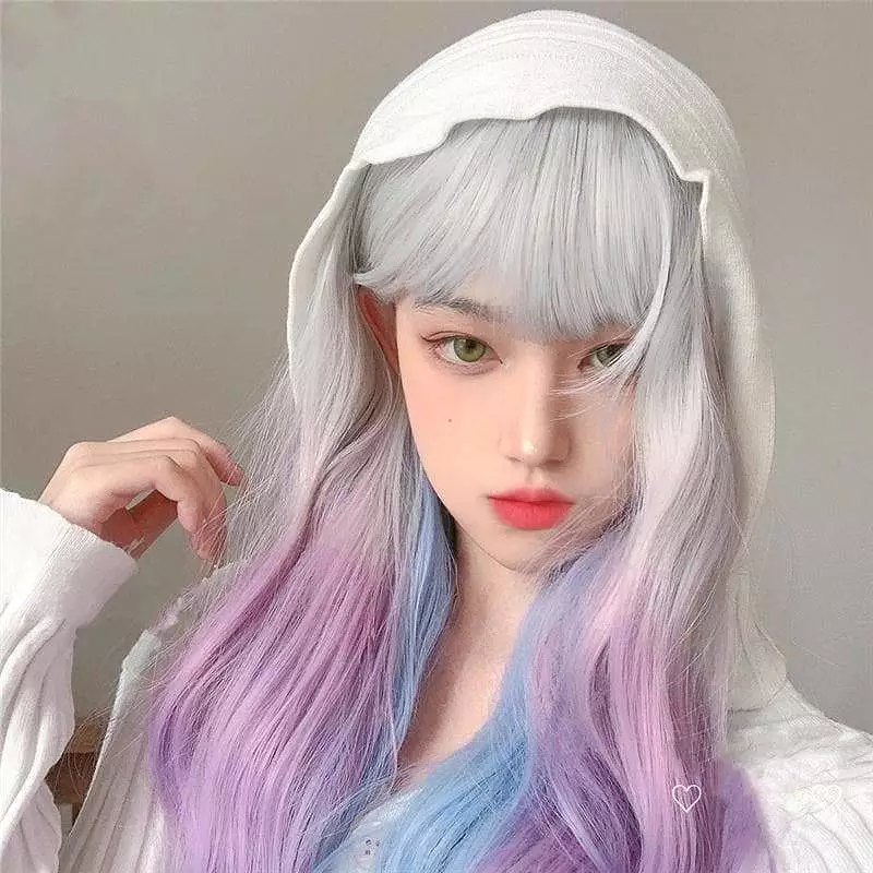 Kawaii 3 Colors eGirl Lolita Purple White Blue Gradient Big Wavy Long Curly Wig MM1664