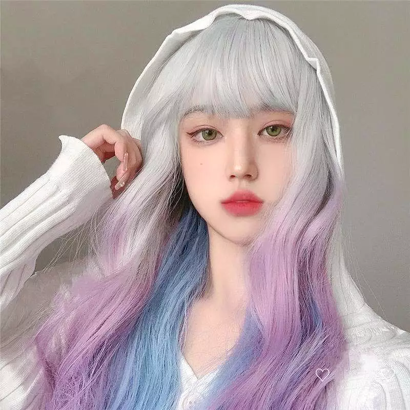 Kawaii 3 Colors eGirl Lolita Purple White Blue Gradient Big Wavy Long Curly Wig MM1664