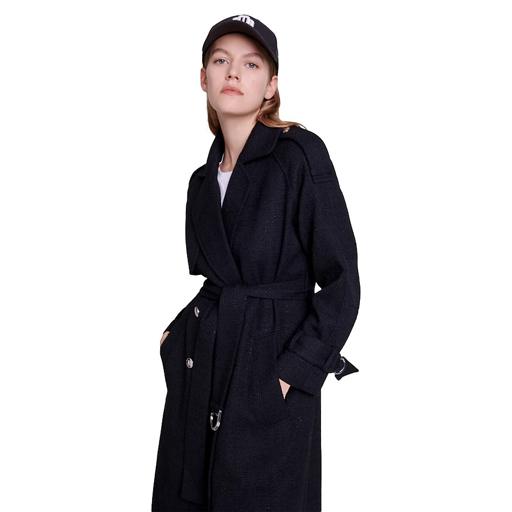 Maje Gedaille Belted Tweed Trench Coat