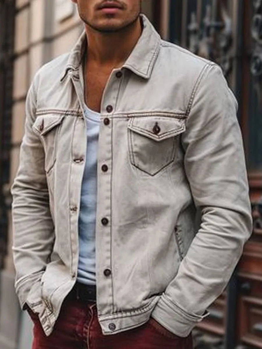 Men's Classic Lapel Single Breasted Pocket Casual Denim Jacket