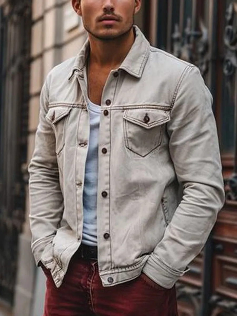 Men's Classic Lapel Single Breasted Pocket Casual Denim Jacket