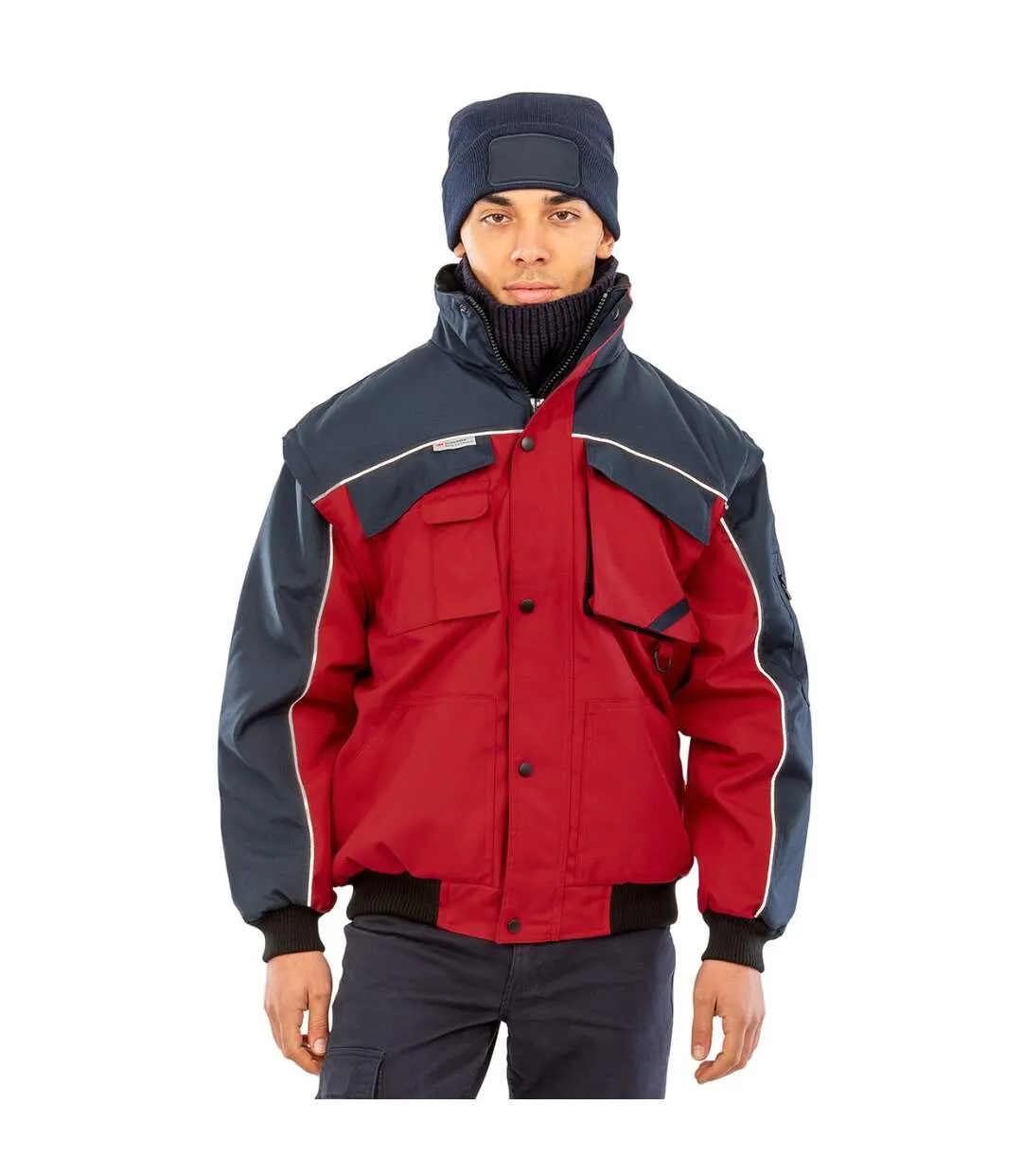 Mens heavy duty zip-off sleeves pilot jacket red/navy WORK-GUARD by Result