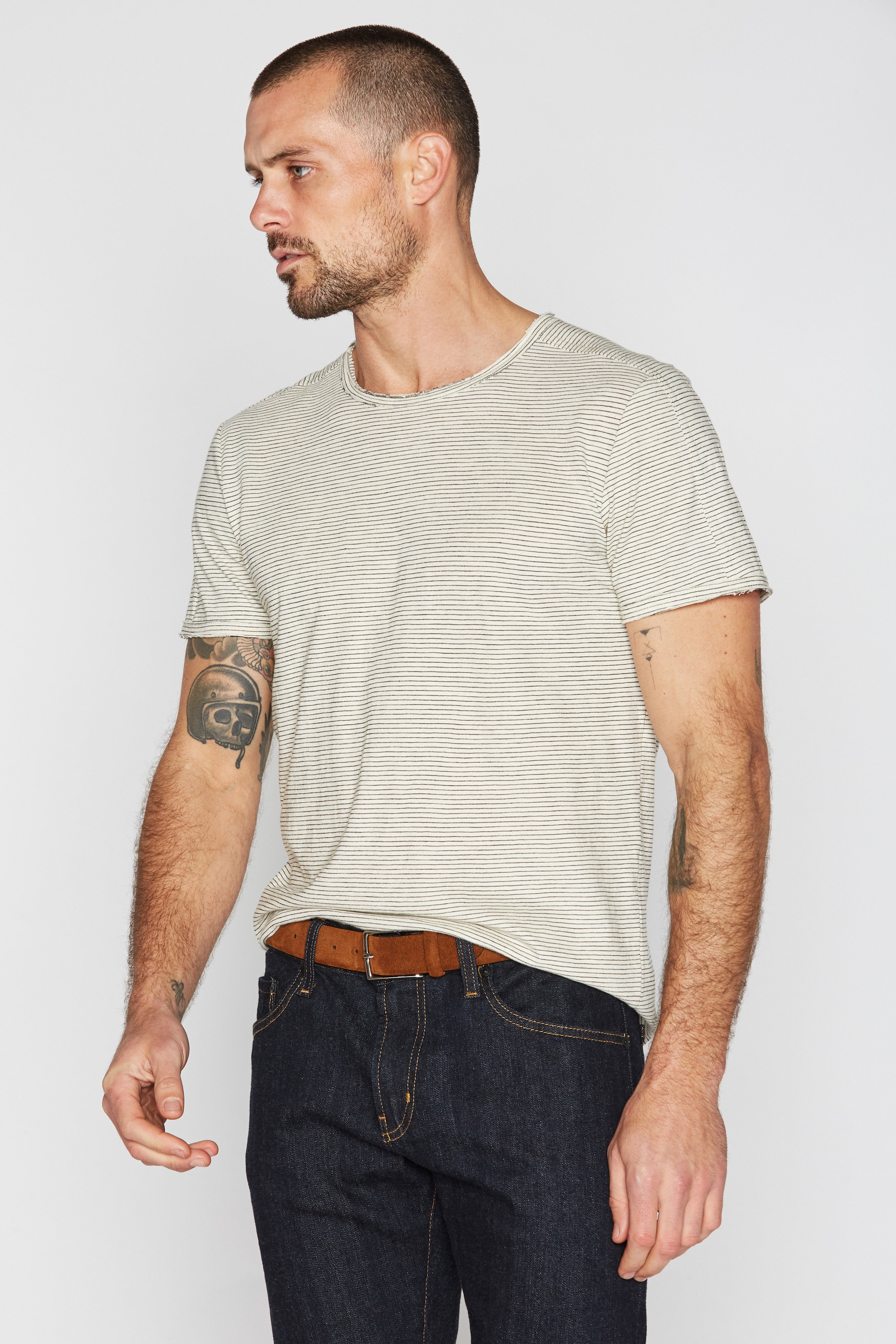 Men's Raw Edge Patch Sleeve Stripe Tee