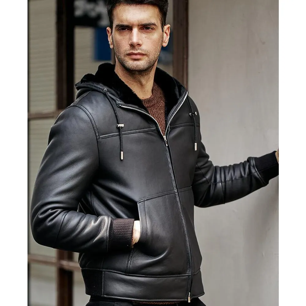 Merino Black Hooded Real Sheep Leather Jacket