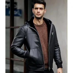 Merino Black Hooded Real Sheep Leather Jacket