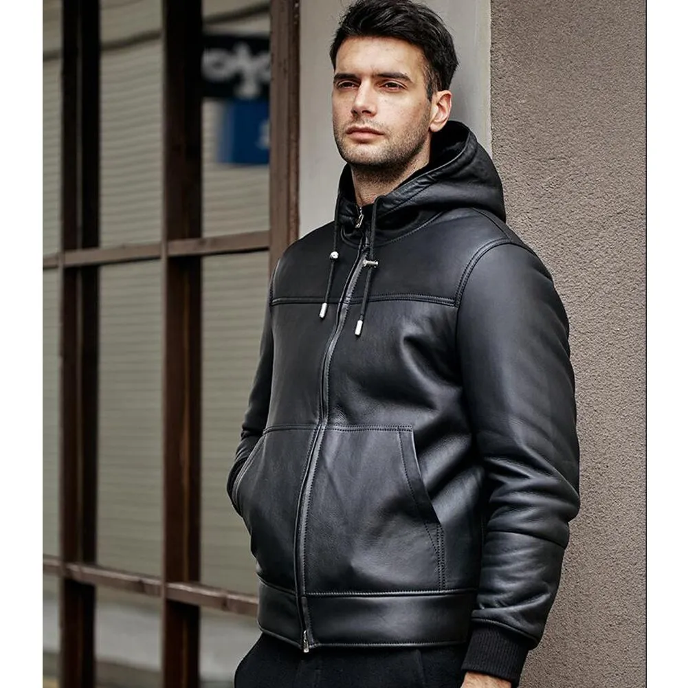 Merino Black Hooded Real Sheep Leather Jacket