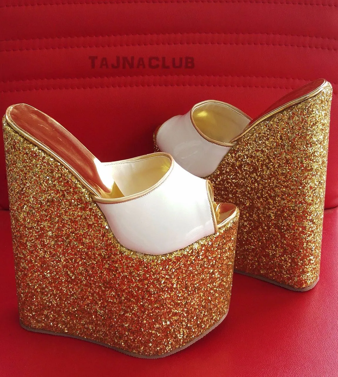 Mules Gold Glitter Wedge Heel Platform High Heels Shoes