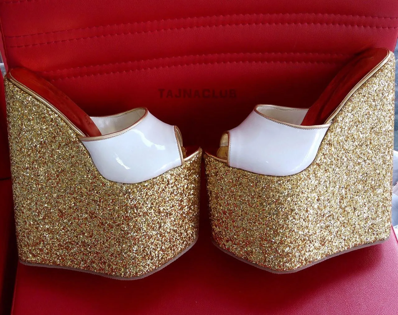 Mules Gold Glitter Wedge Heel Platform High Heels Shoes