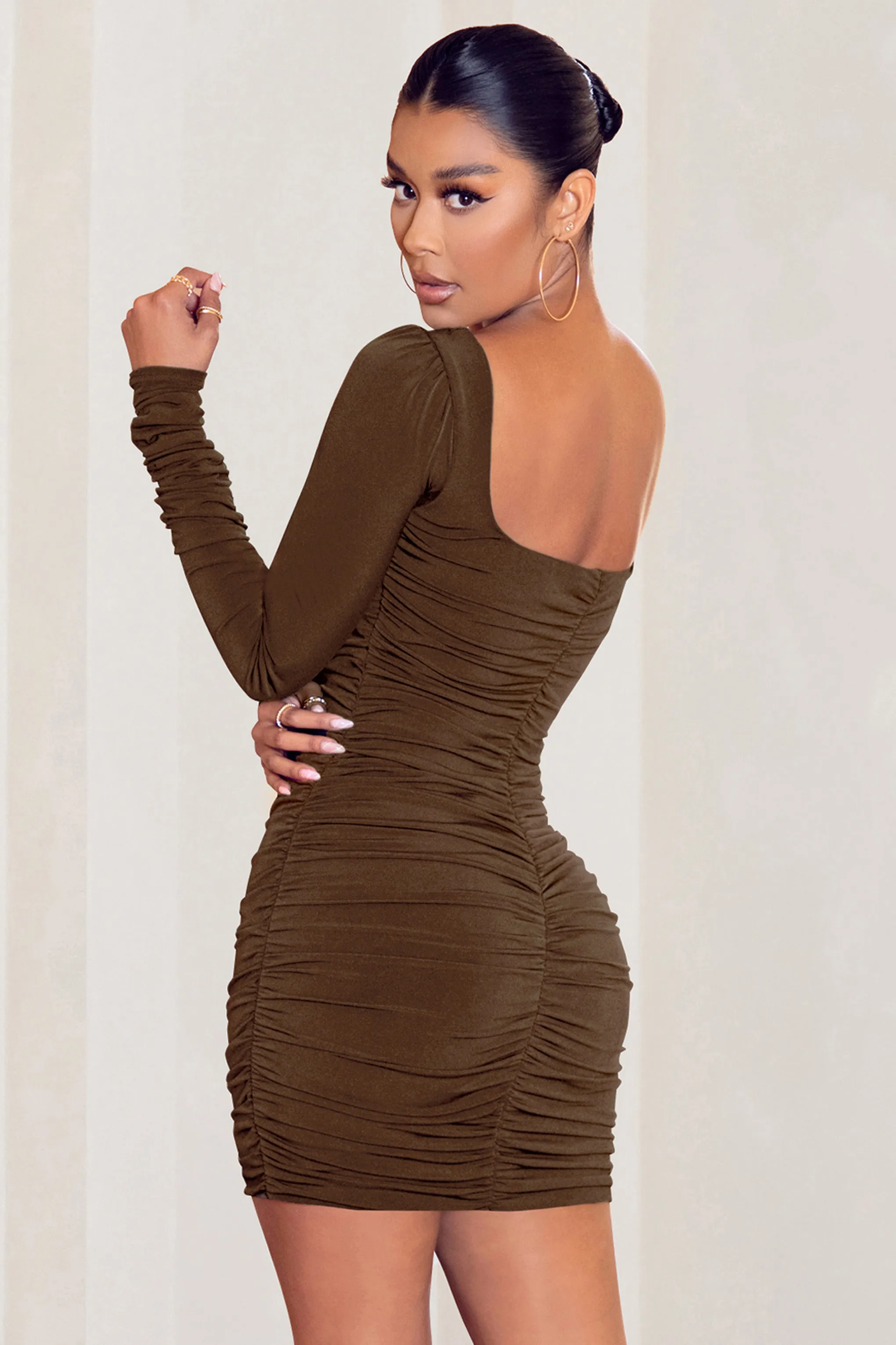 Muse | Chocolate Long Sleeve Square Neck Ruched Mini Dress