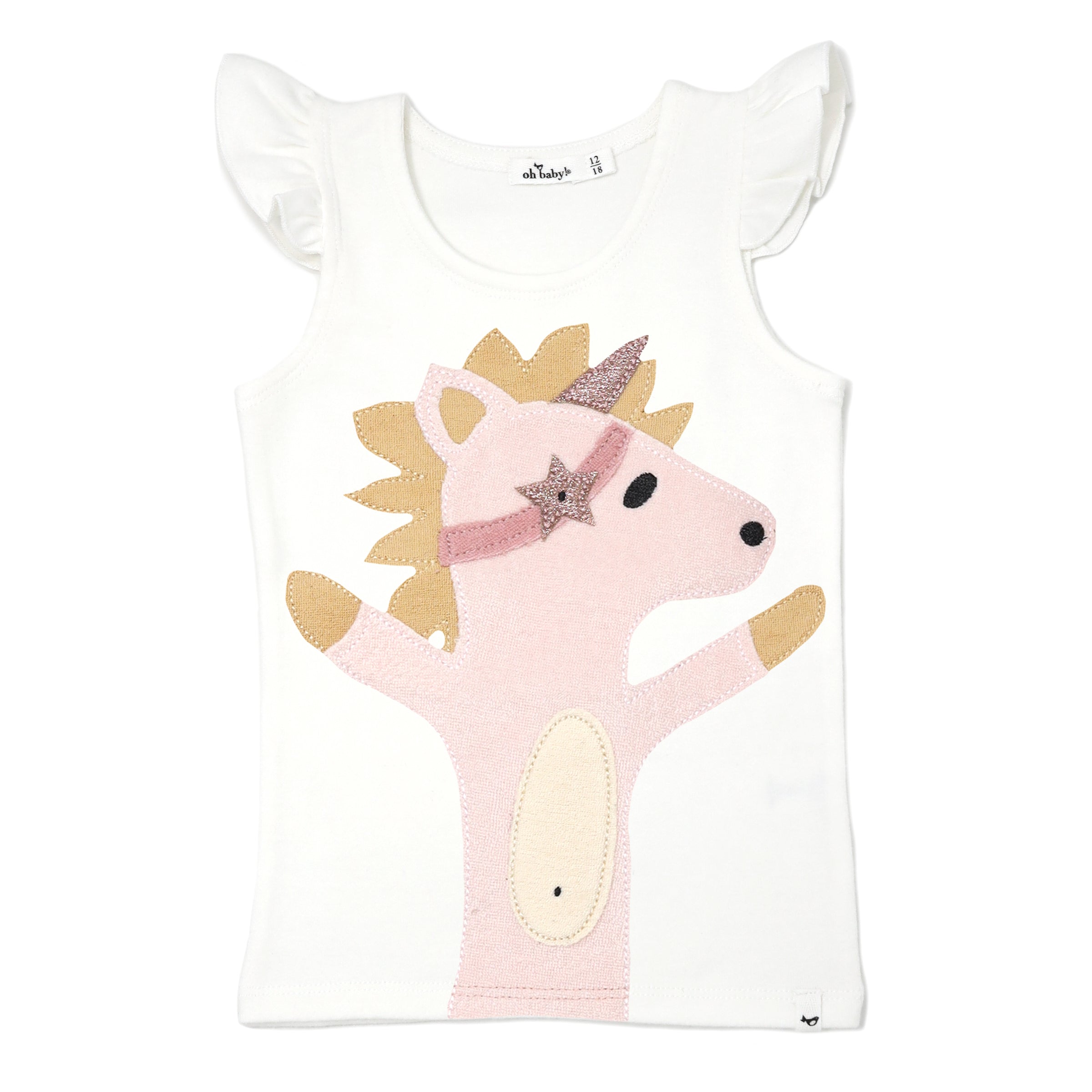 oh baby! Baby Rib Flutter Sleeve Tank - Unicorn Terry Applique - Cream