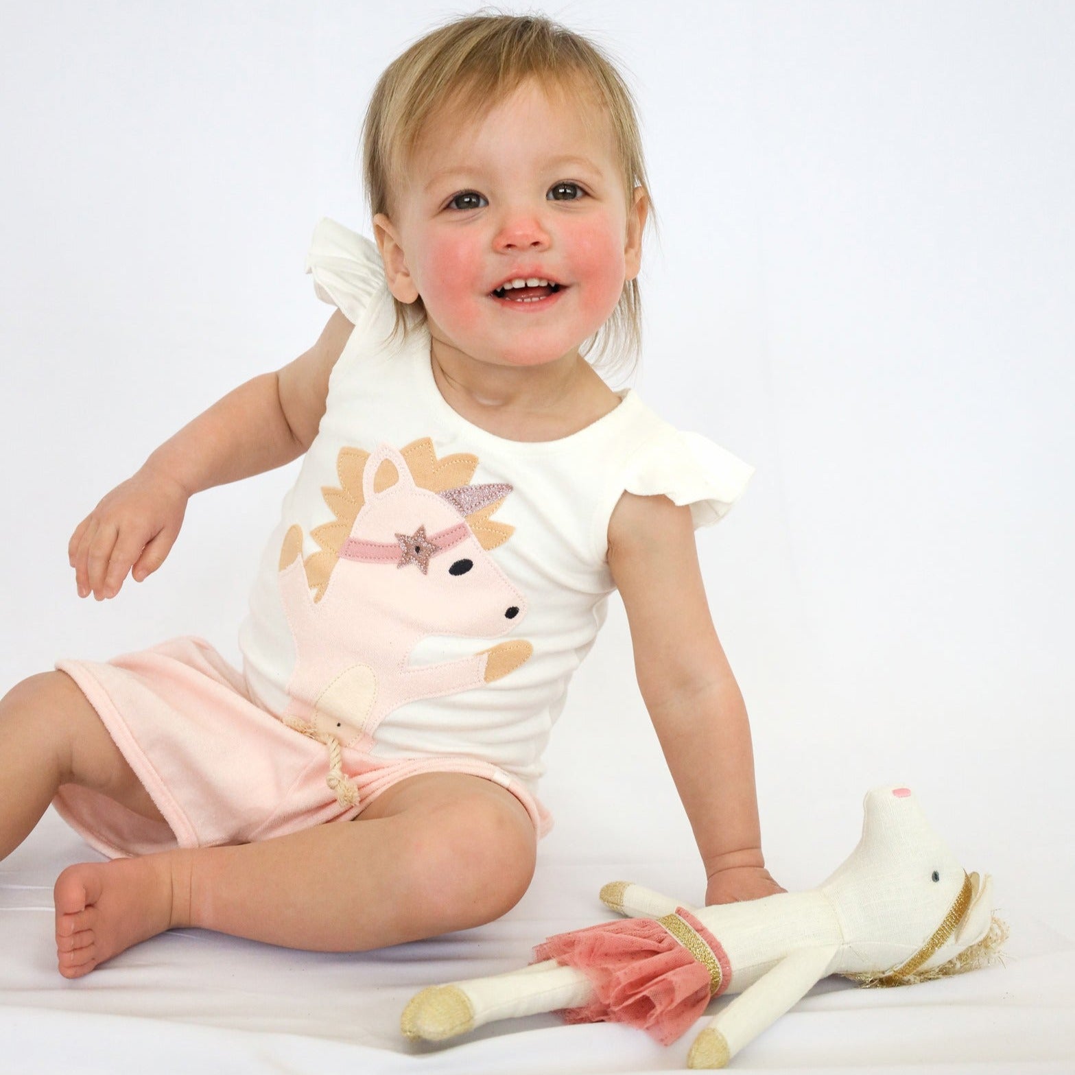 oh baby! Baby Rib Flutter Sleeve Tank - Unicorn Terry Applique - Cream