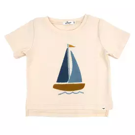 oh baby! Raw Edge Short Sleeve Cotton Slub Tee - Denim Sailboat Applique - Cashew