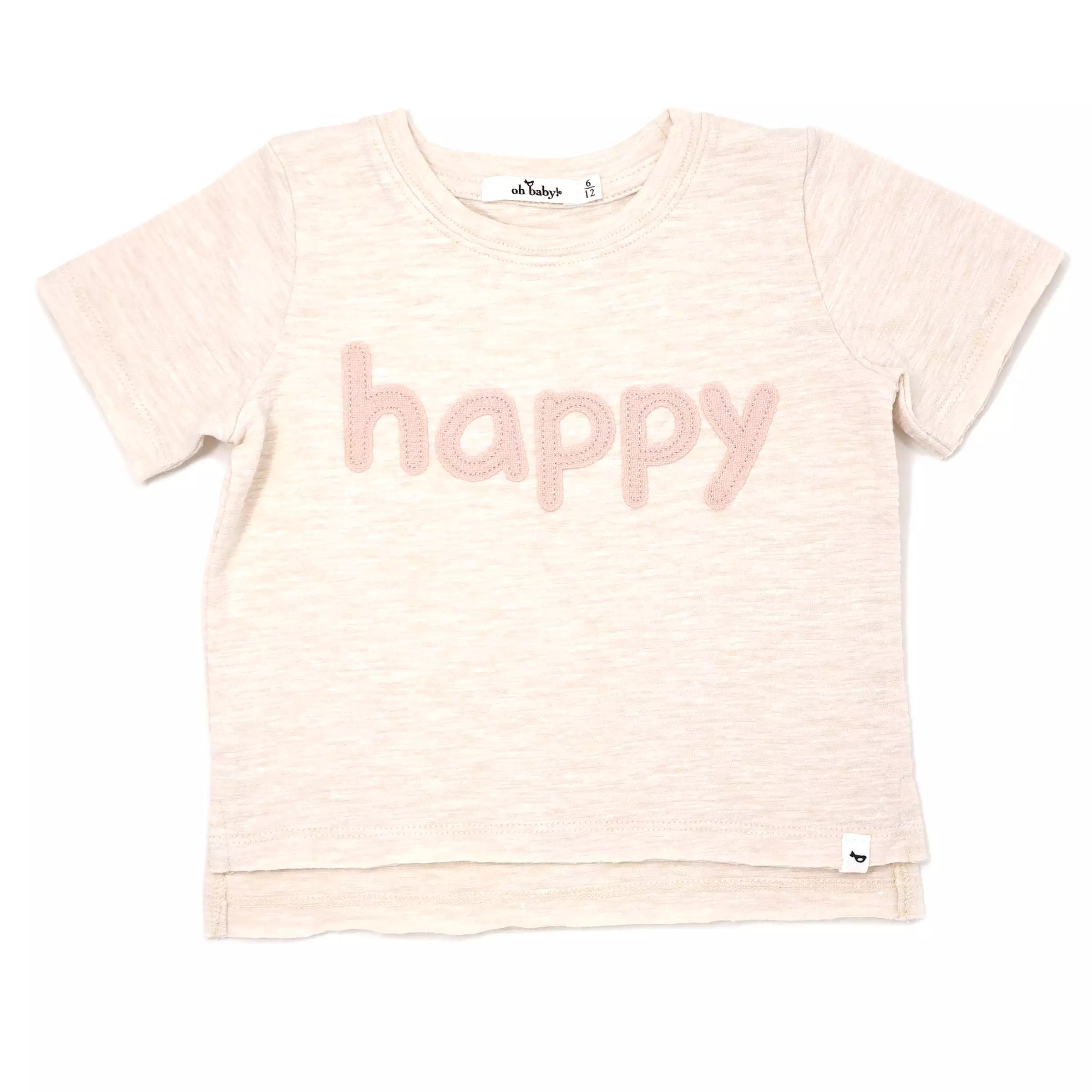 oh baby! Raw Edge Short Sleeve Cotton Slub Tee - happy Peachy Applique  - Sand Heather