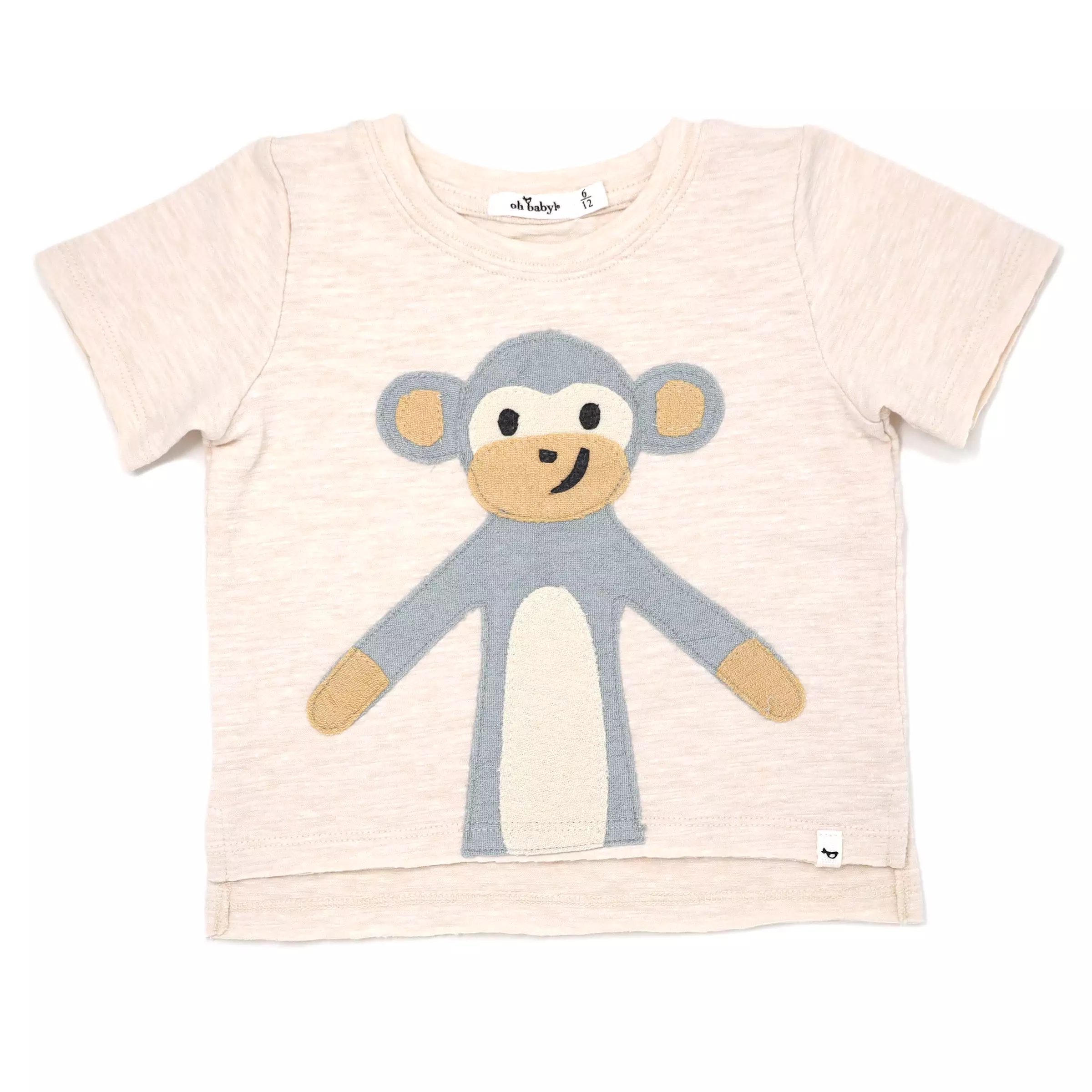 oh baby! Raw Edge Short Sleeve Cotton Slub Tee - Monkey  - Sand Heather