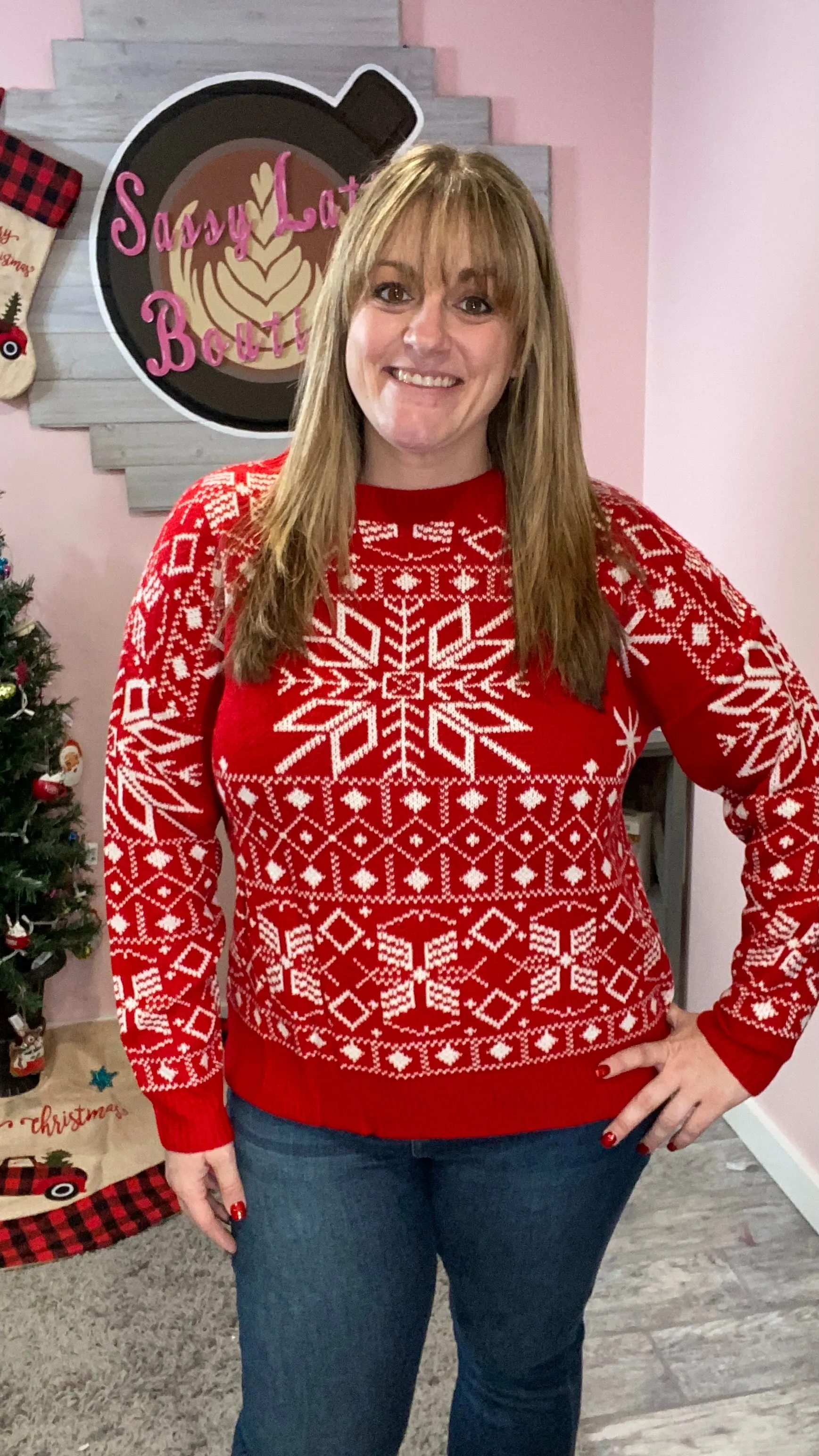 Red Crewneck Snowflake Sweater