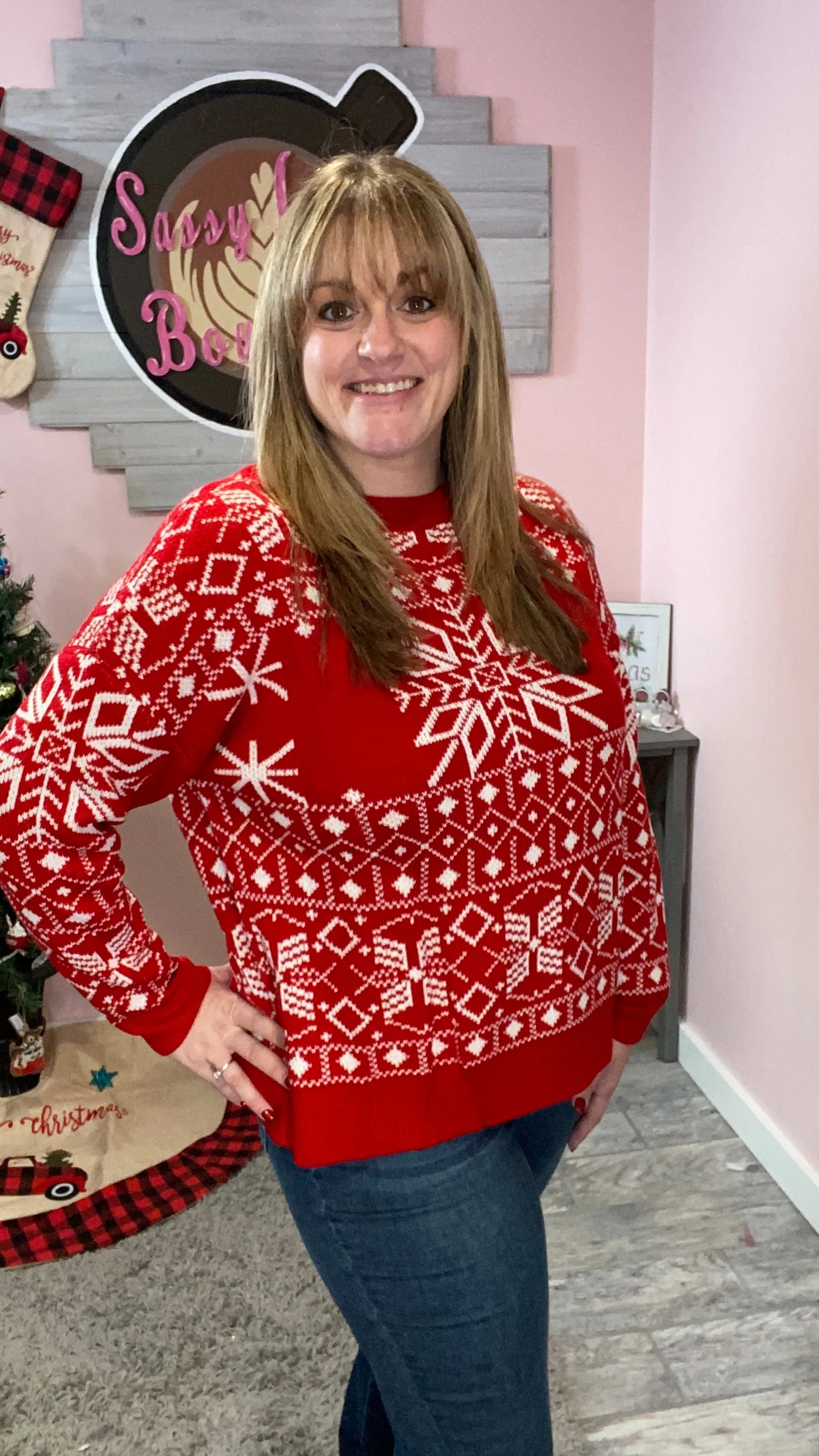 Red Crewneck Snowflake Sweater