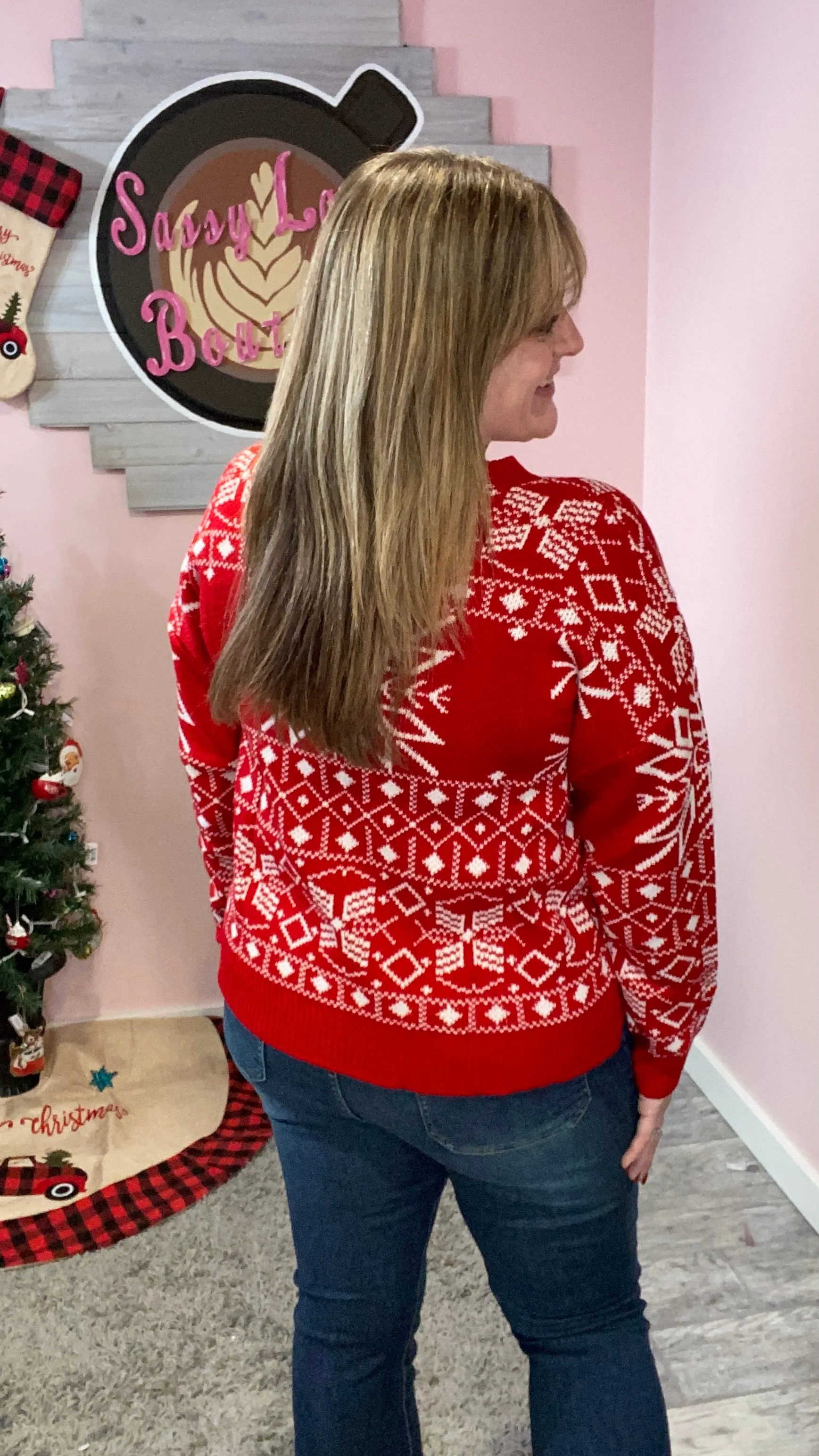 Red Crewneck Snowflake Sweater