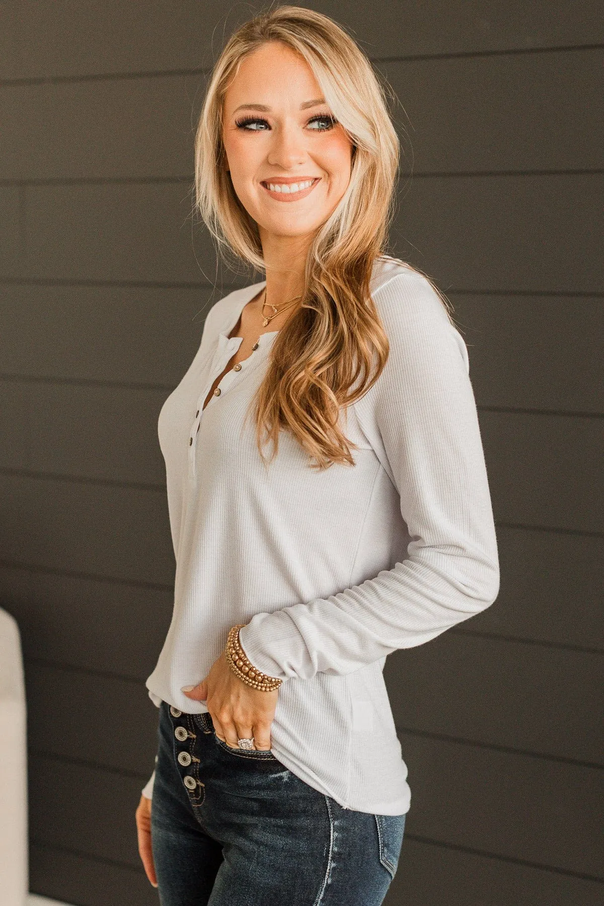 Rise To The Top Long Sleeve Henley Top- Ivory