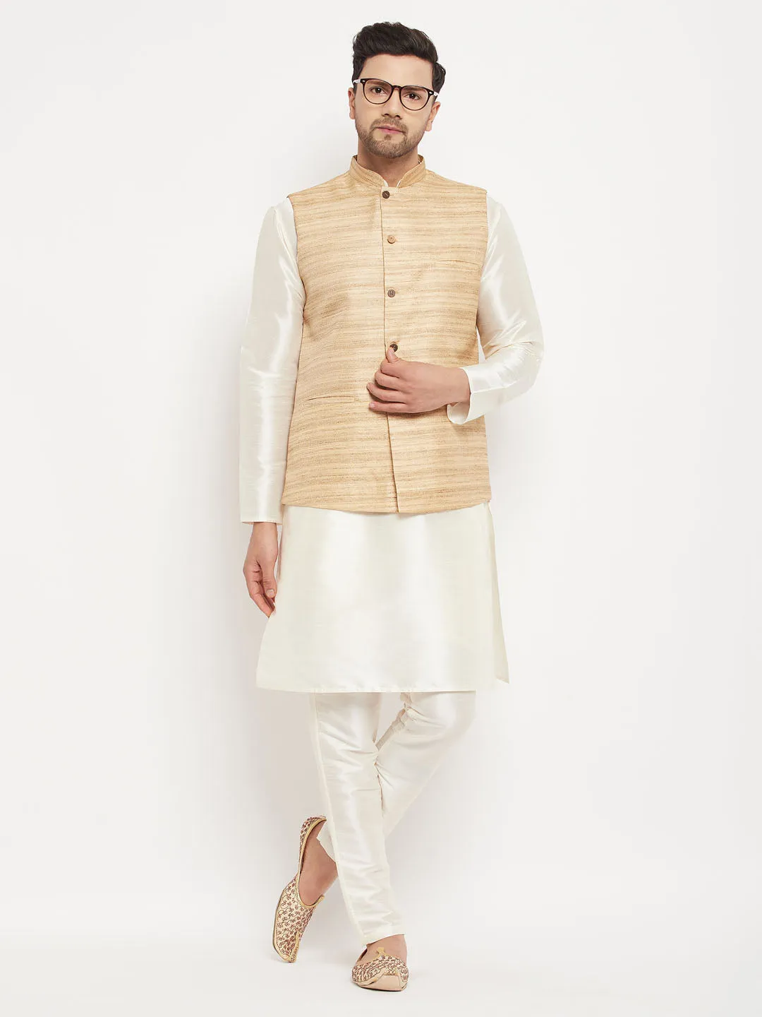 VM BY VASTRAMAY Men's Beige Matka Silk Nehru Jacket With Cream Silk Blend Kurta and Pant style Pyjama Set