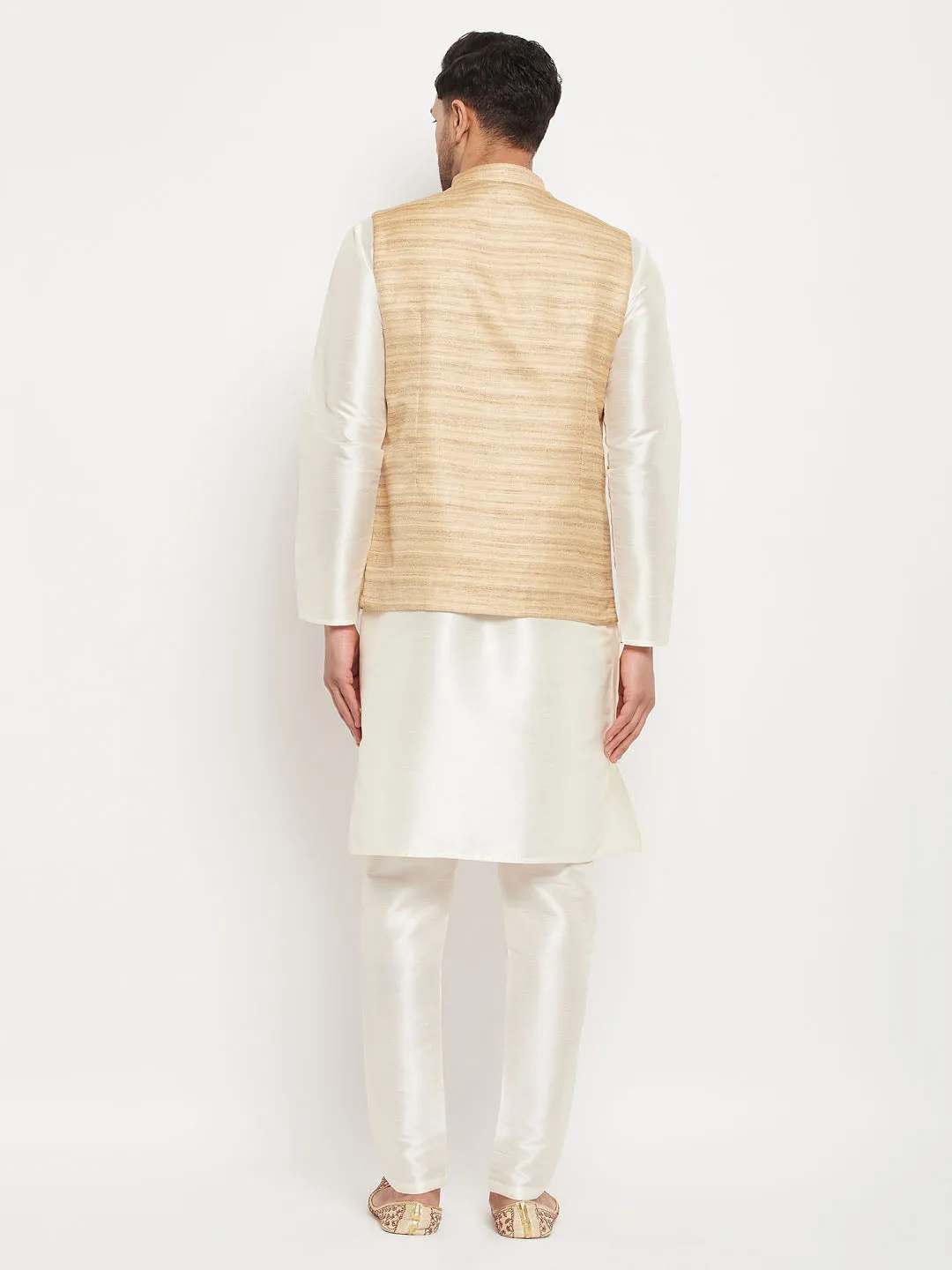 VM BY VASTRAMAY Men's Beige Matka Silk Nehru Jacket With Cream Silk Blend Kurta and Pant style Pyjama Set