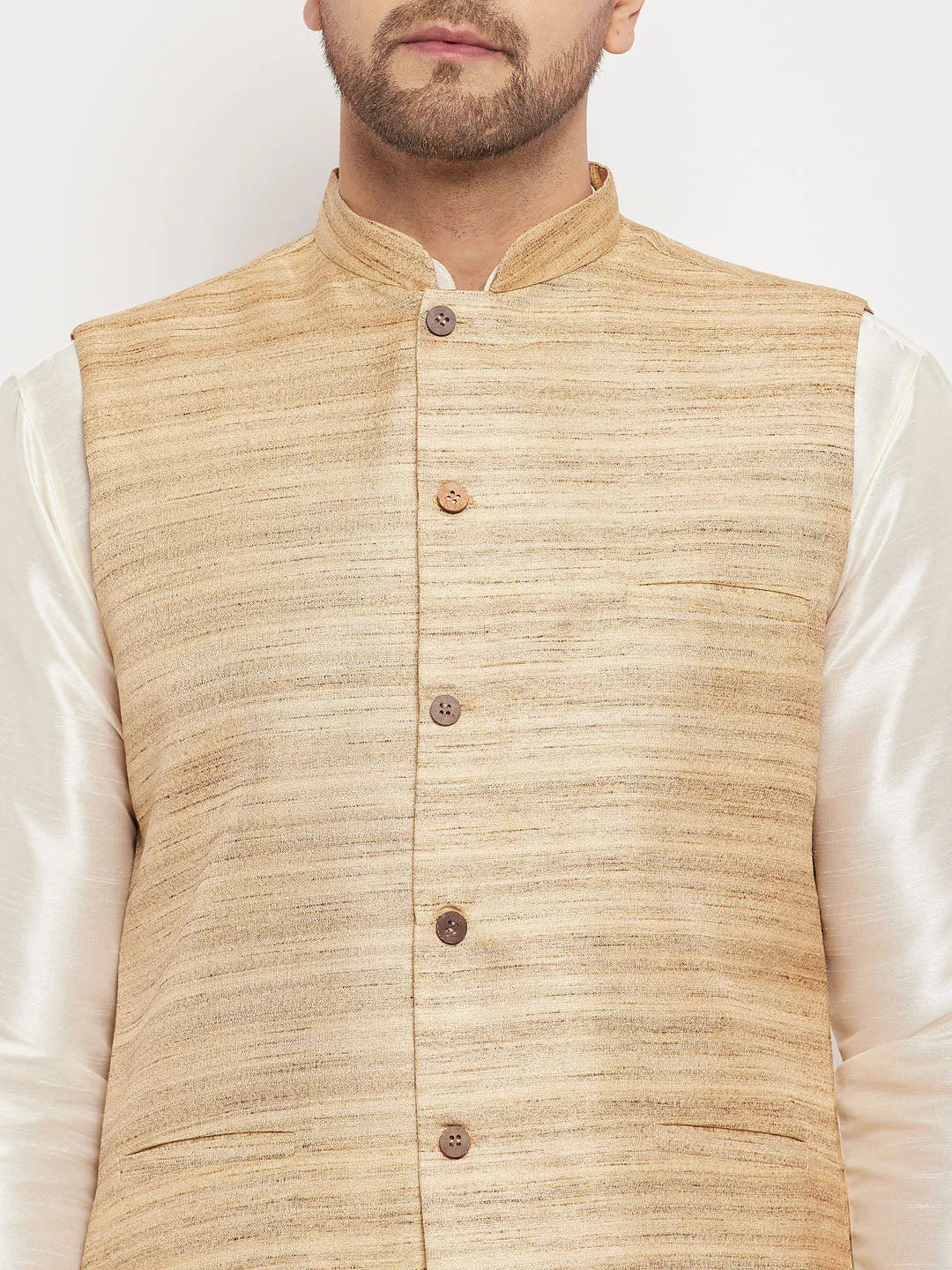 VM BY VASTRAMAY Men's Beige Matka Silk Nehru Jacket With Cream Silk Blend Kurta and Pant style Pyjama Set