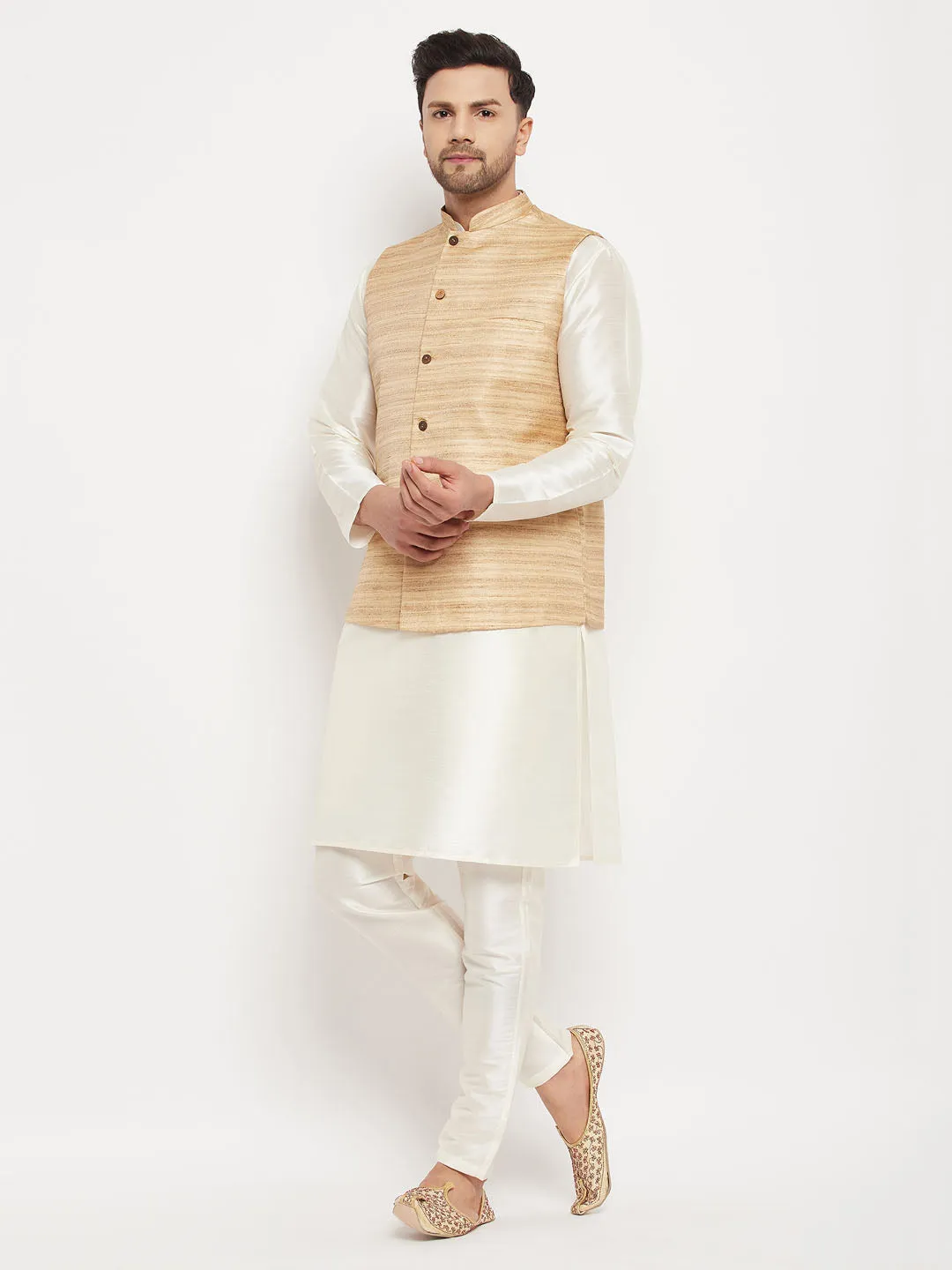 VM BY VASTRAMAY Men's Beige Matka Silk Nehru Jacket With Cream Silk Blend Kurta and Pant style Pyjama Set