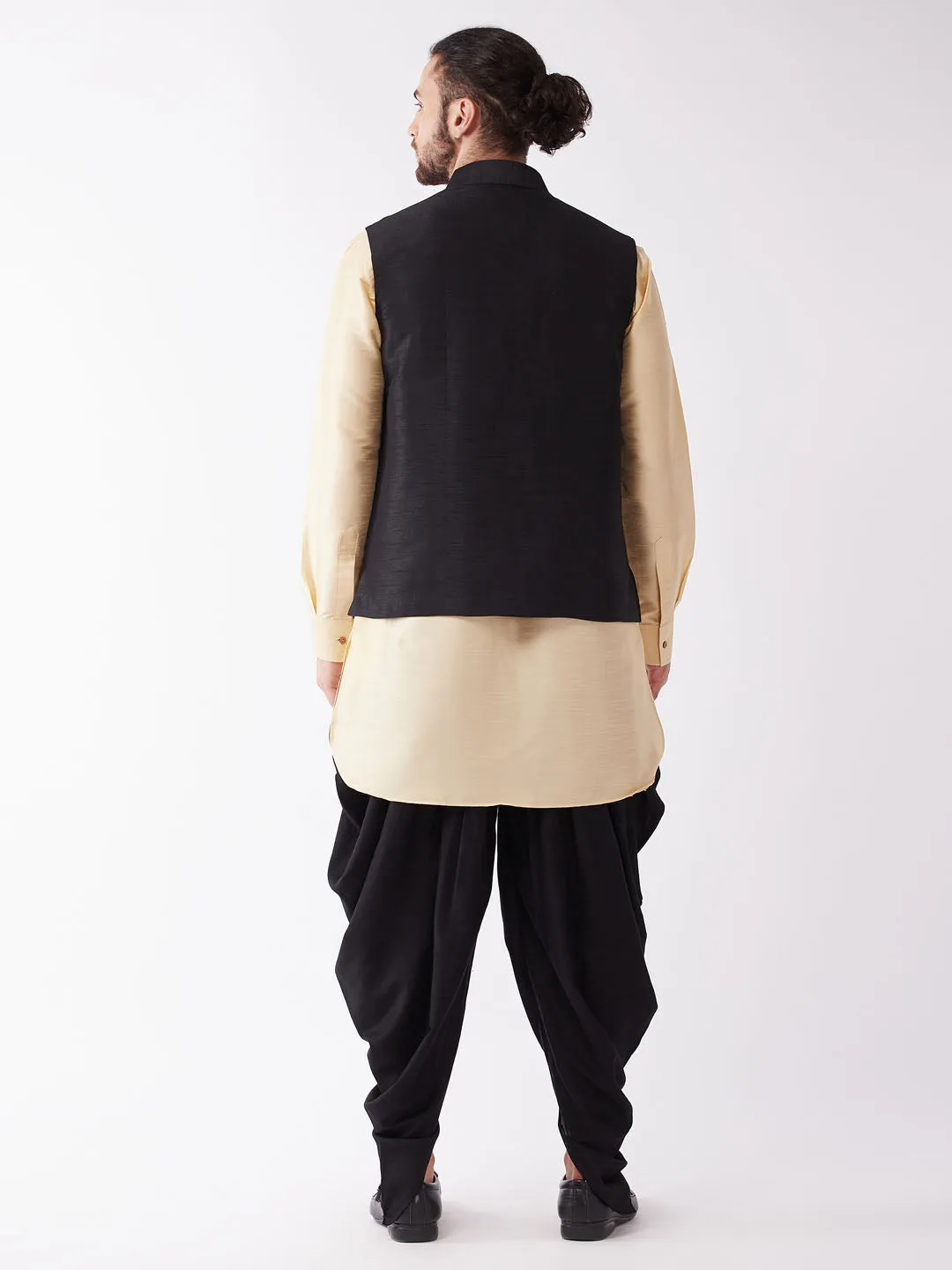 VM By VASTRAMAY Men's Black And Gold Silk Blend Ethnic Jacket, Kurta and Dhoti Set