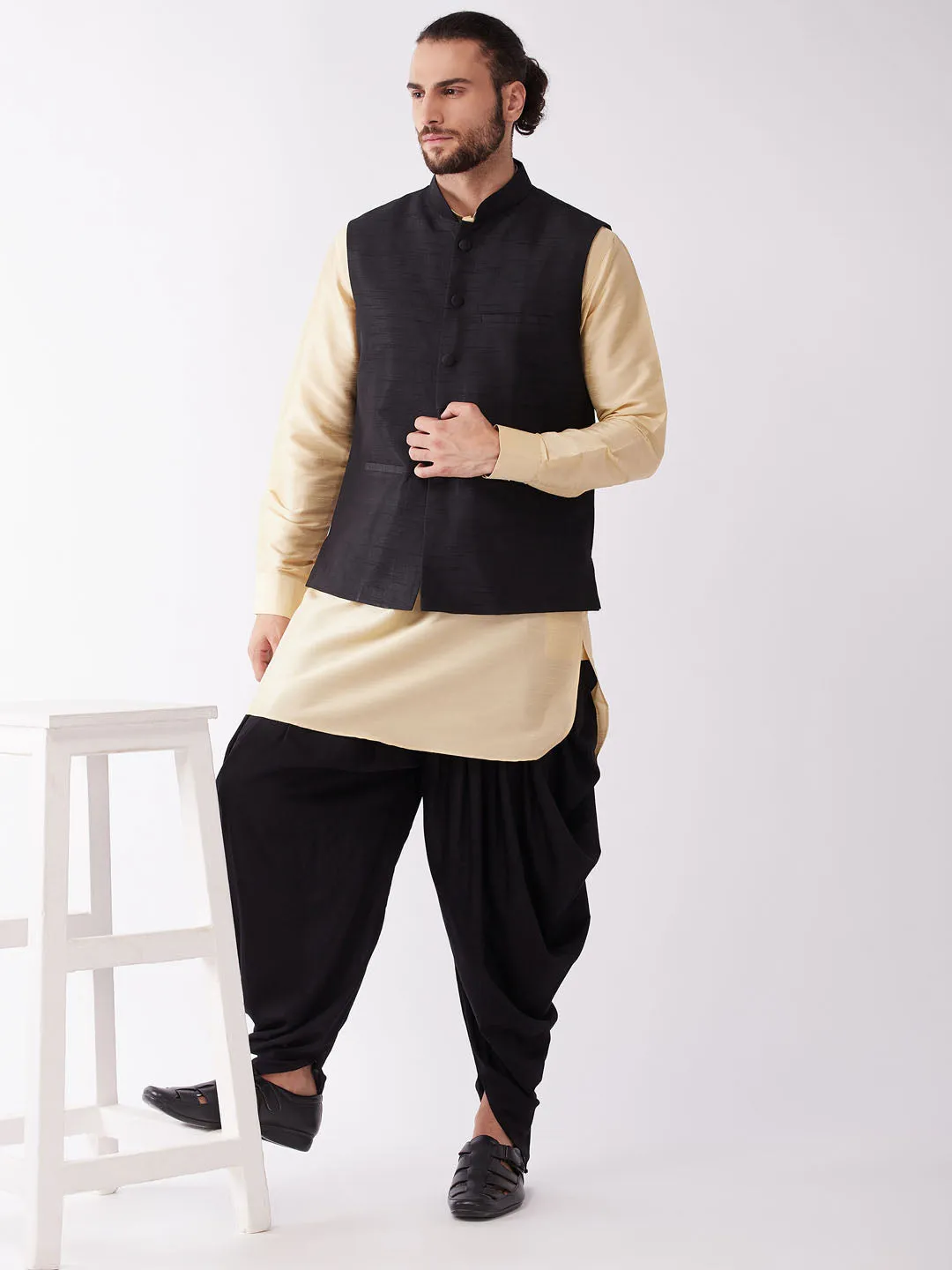 VM By VASTRAMAY Men's Black And Gold Silk Blend Ethnic Jacket, Kurta and Dhoti Set