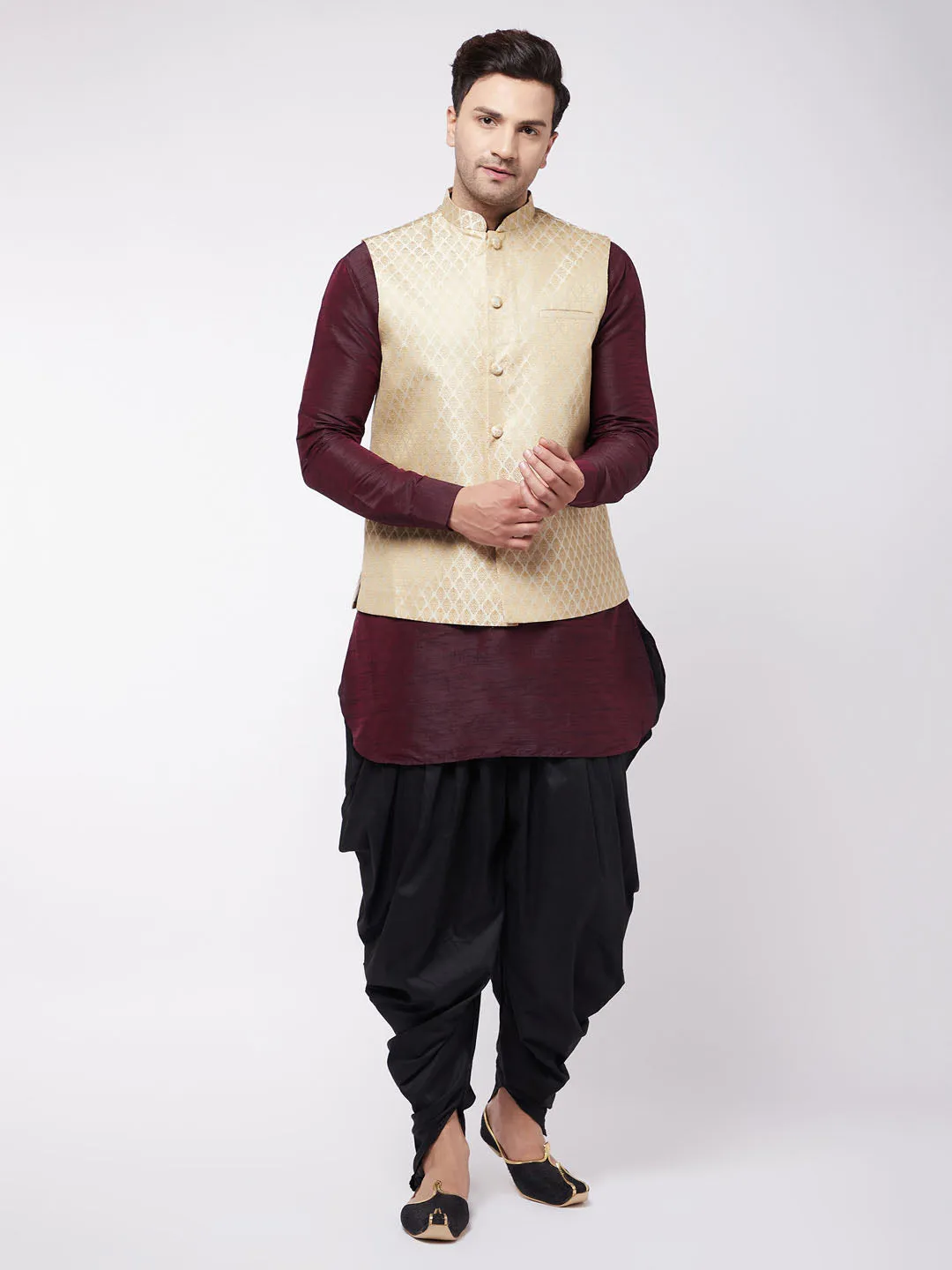 VM By VASTRAMAY Men's Cream Silk Blend Jacket With Curved Kurta Dhoti Set