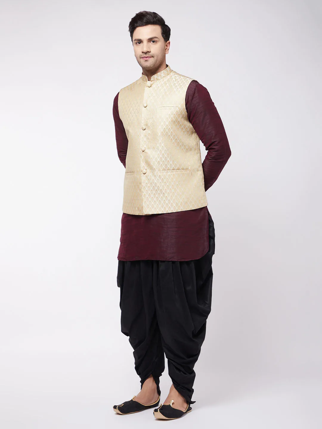 VM By VASTRAMAY Men's Cream Silk Blend Jacket With Curved Kurta Dhoti Set