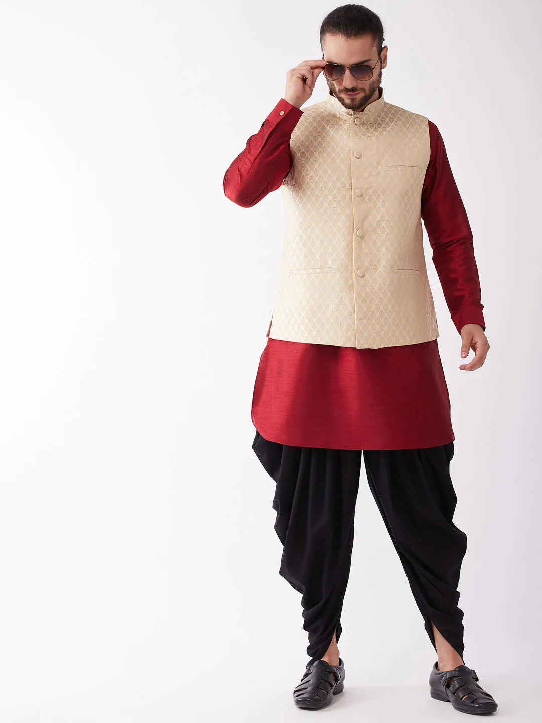 VM By VASTRAMAY Men's Gold Silk Blend Jacket With Curved Kurta Dhoti Set