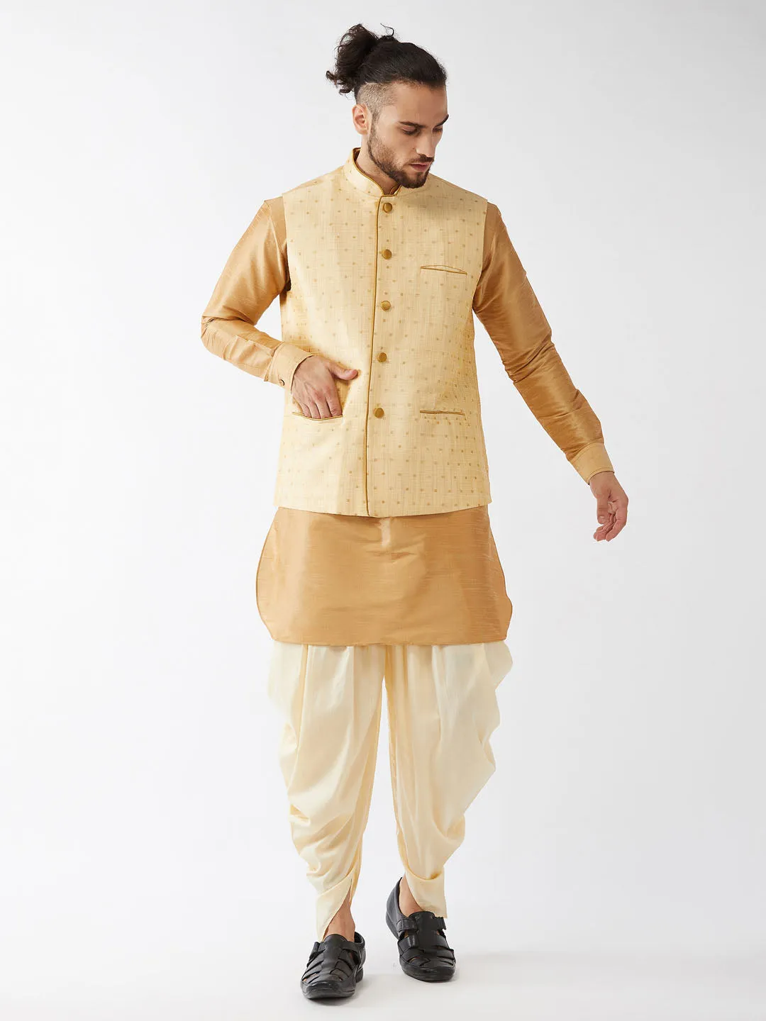 VM By VASTRAMAY Men's Gold Zari Weaved Jacket With Kurta Dhoti Set