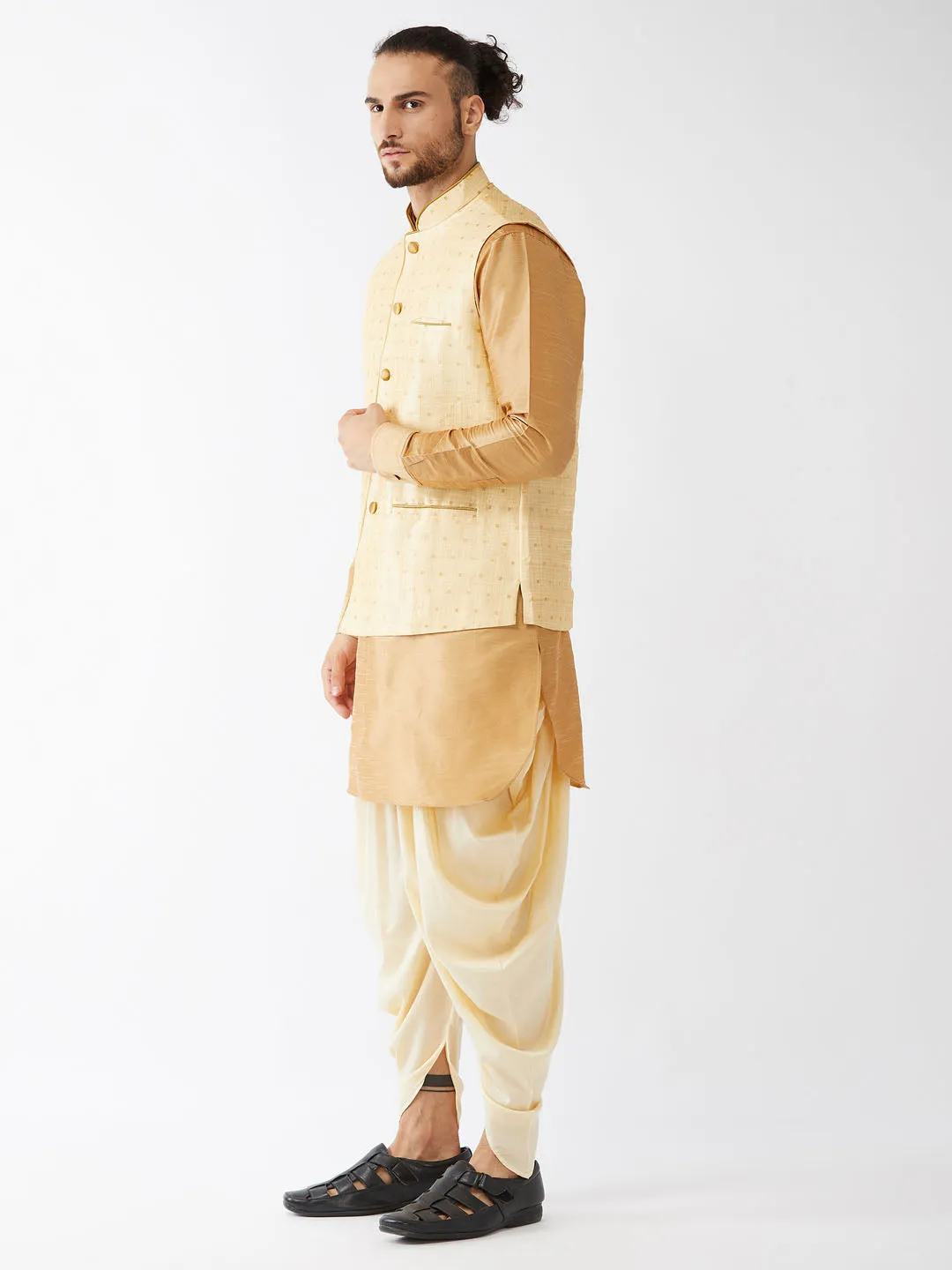 VM By VASTRAMAY Men's Gold Zari Weaved Jacket With Kurta Dhoti Set